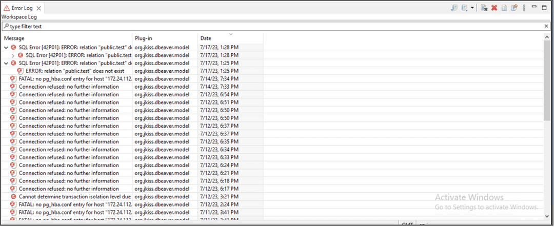 DBeaver Error Logs